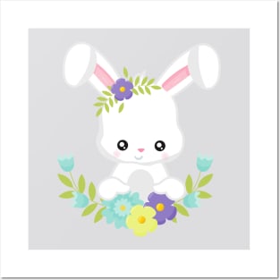 Easter, Cute Bunny, White Bunny, Rabbit, Flowers Posters and Art